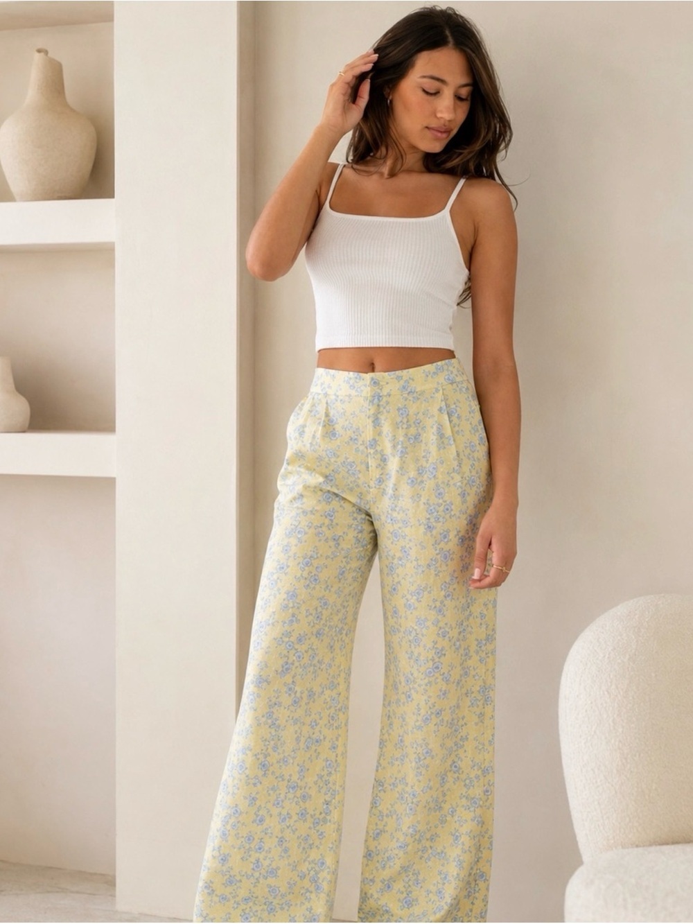 Yllw the label High-Waist Wide Leg Floral Pants linen statement artsy whimsy nia